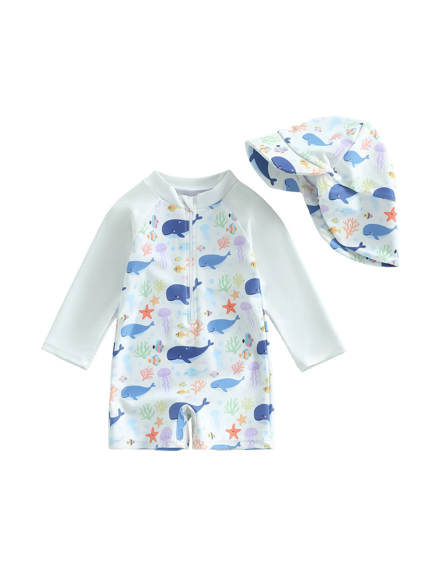 Costume da bagno Rash Guard per bambina, costume da bagno a maniche lunghe con cerniera e stampa di cavalluccio marino con cuffia da bagno e protezione UV