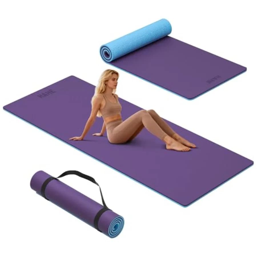 Tappetino Yoga Extra Spesso, 183cm x 81cm x 1cm (10mm), Tappetino per Esercizi Antiscivolo Largo con Cinghia di Trasporto, Tappetino Fitness POE Bifacciale per Yoga
