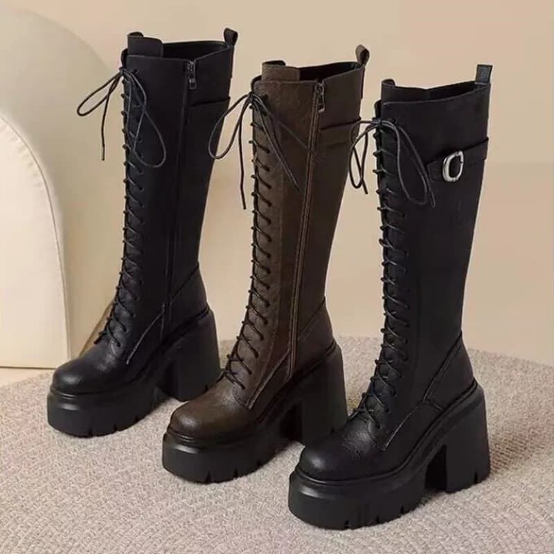 2026 Women's Long Boots High Heels Coarse Following Women Platform Front Lace Up Round Toe Belt Buckle Knight Boots Botas Mujer