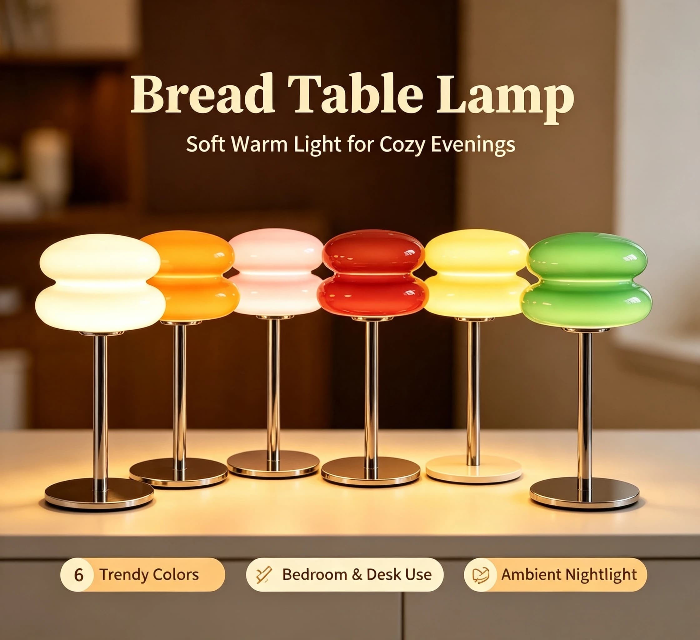 Bread Shape LED Table Lamp, USB Rechargeable Cordless Touch Control Desk Lamp, Dimmable Ambient Night Light, Battery Operated Decor Bedside Lamp for Bedroom Living Room