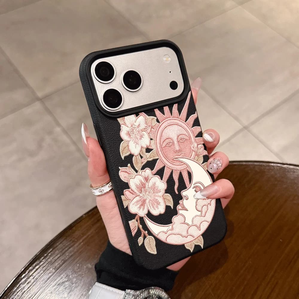 Embroidered Sun Moon Phone Case For iPhone 16 15 17 14 13 12 11 Pro Max 16 15 14 Plus 17 16 15 Pro 17Air XR Silicone Matte Cover