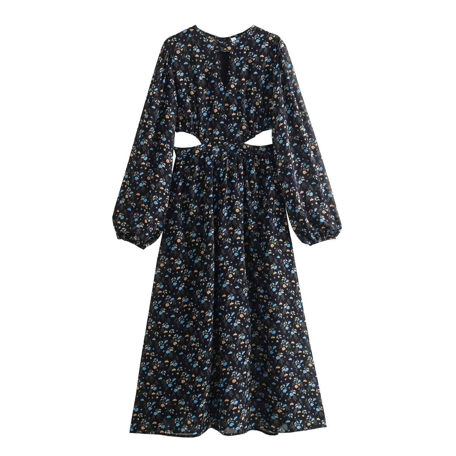 Fashionable Long Sleeve Floral Print Loose Women's Dress Tea Break Waist Exposure 2025 New Style Casual Basic Pattern Polyest...