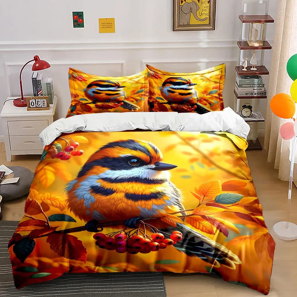 Set di biancheria da letto con stampa di uccelli colorati su rami autunnali, 1 copripiumino, 2 federe per adulti e bambini, regalo di lusso, misura completa