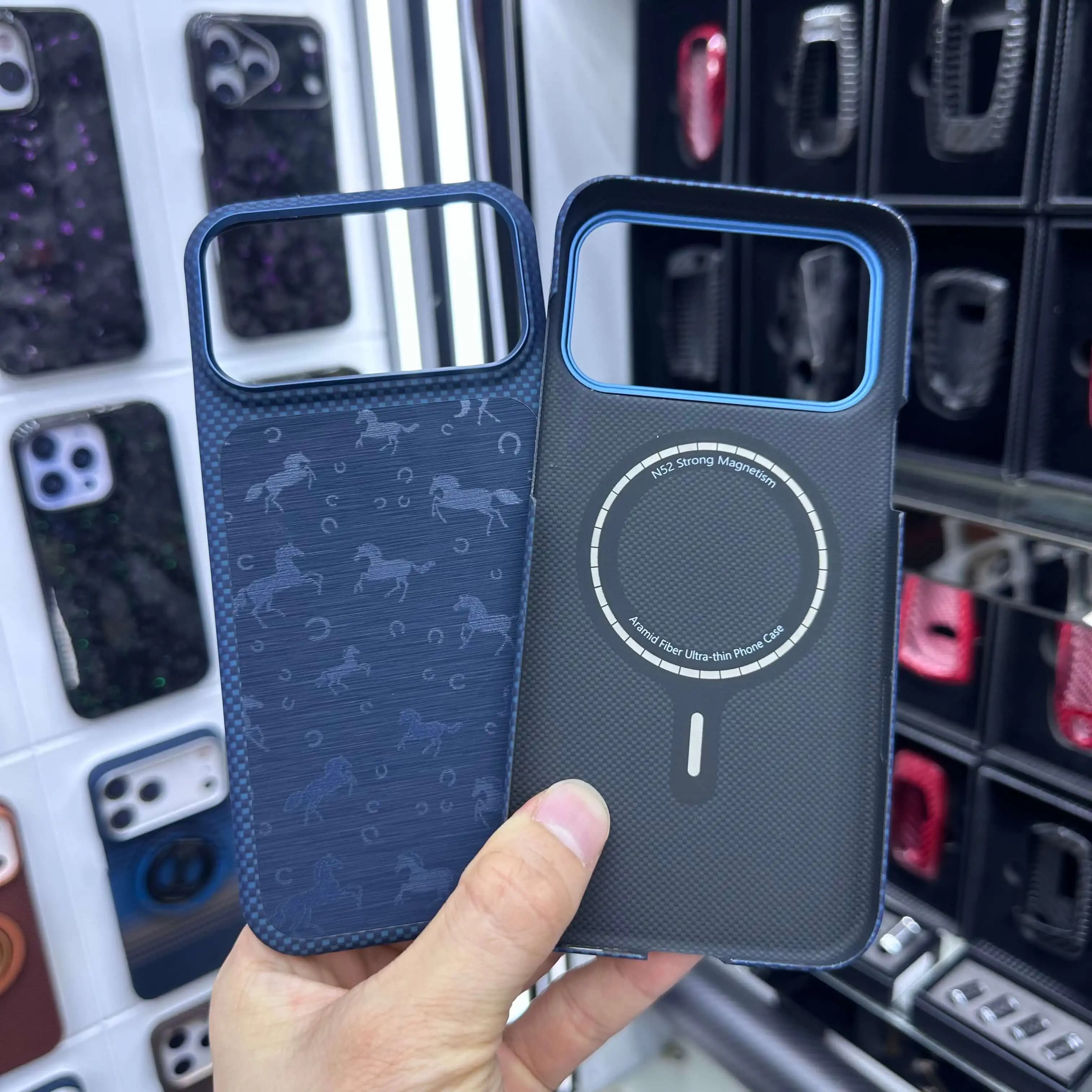 For iPhone 17 Pro Max Kevlar Aramid Fiber Case with Genuine Leather Inlay, Ultra Thin Hollow-Out Design Magnetic Magsafe Cover