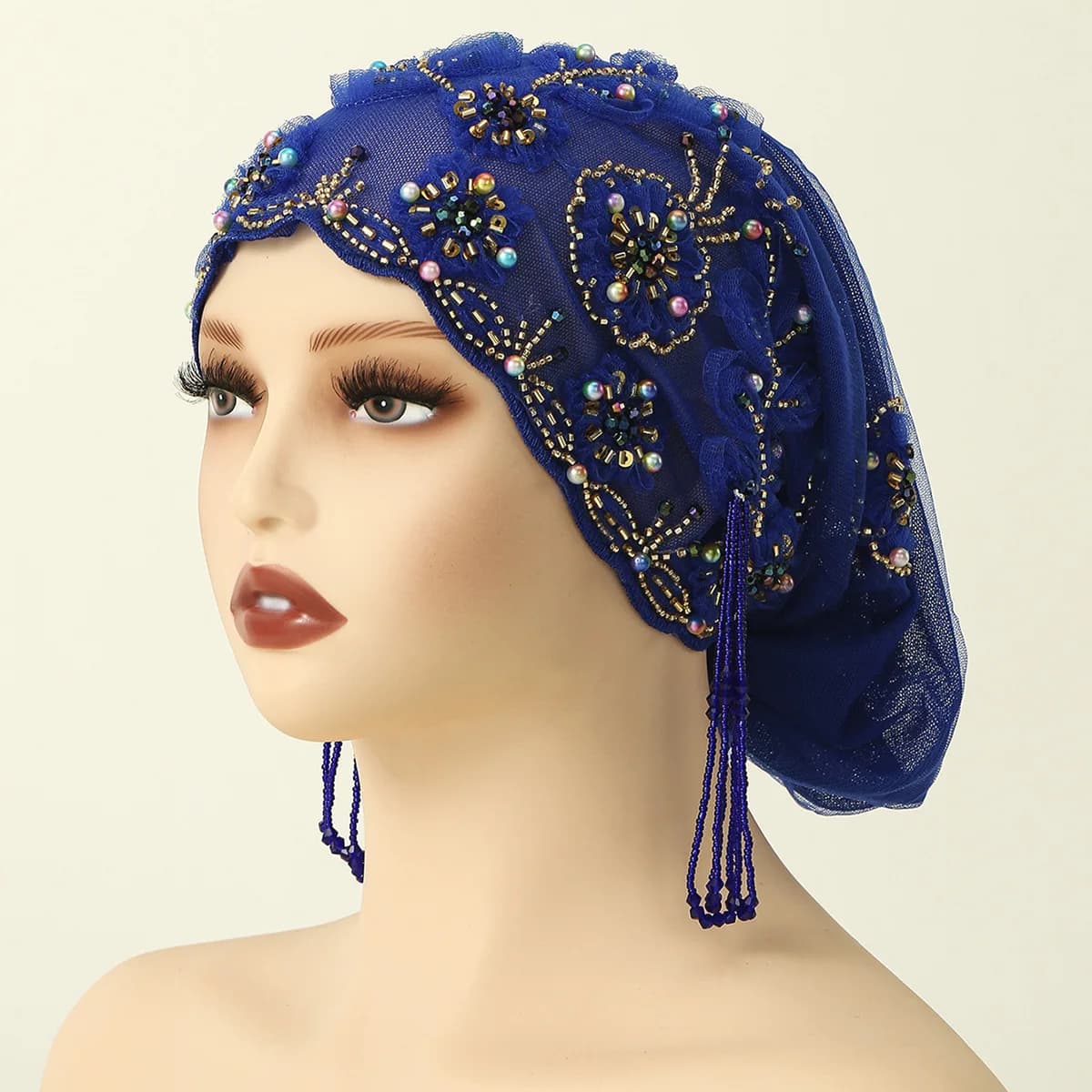 Nuovo Turbante con Ricamo in Pizzo, Cappello con Nappine e Perline, Hijab Musulmano per Donne, Copricapo Islamico per Matrimoni e Feste, Turbante Mujer