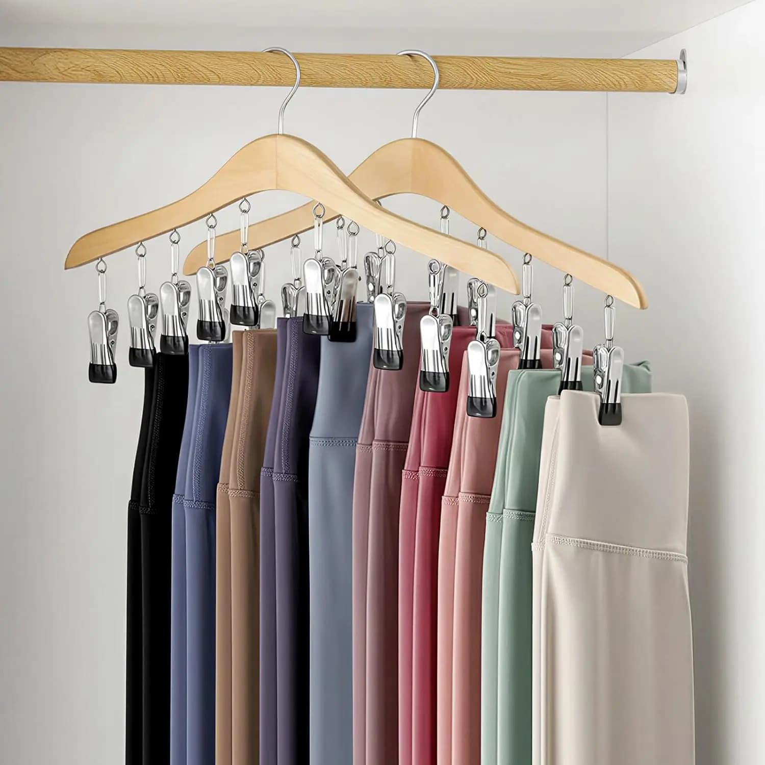 Wooden Legging Organizer for Closet, 2 Pack with 10 Clips Holds 20 Pants, Space Saving Hanging Storage for Yoga Pants and