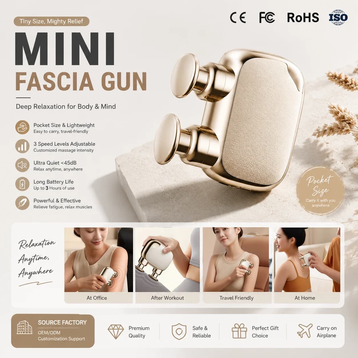 Pocket-sized mini portable golden massage gun, deep tissue fascia muscle tapping, fitness massager, 3 speed levels
