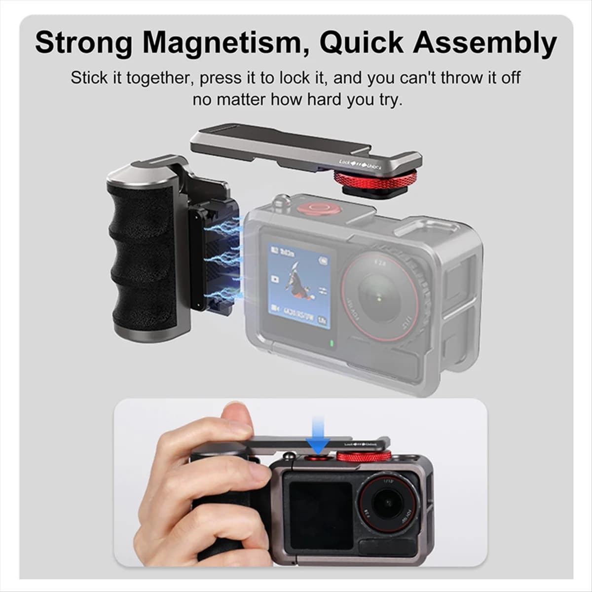 Aluminum alloy handle with magnetic metal cage, grip kit for action camera accessories set Action 5 Pro 4 3