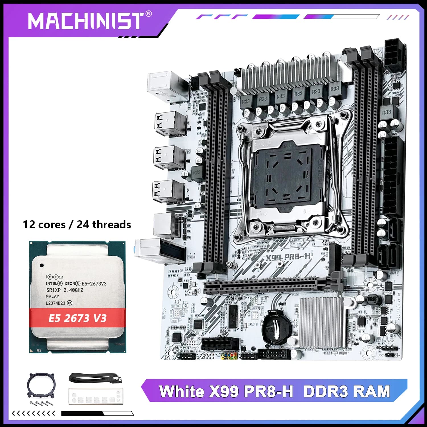 MACHINIST X99 Scheda madre Intel Xeon E5 2673 V3 CPU LGA2011-3 DDR3 16 GB di RAM NVME/SATA M.2 Bianco PR8-H