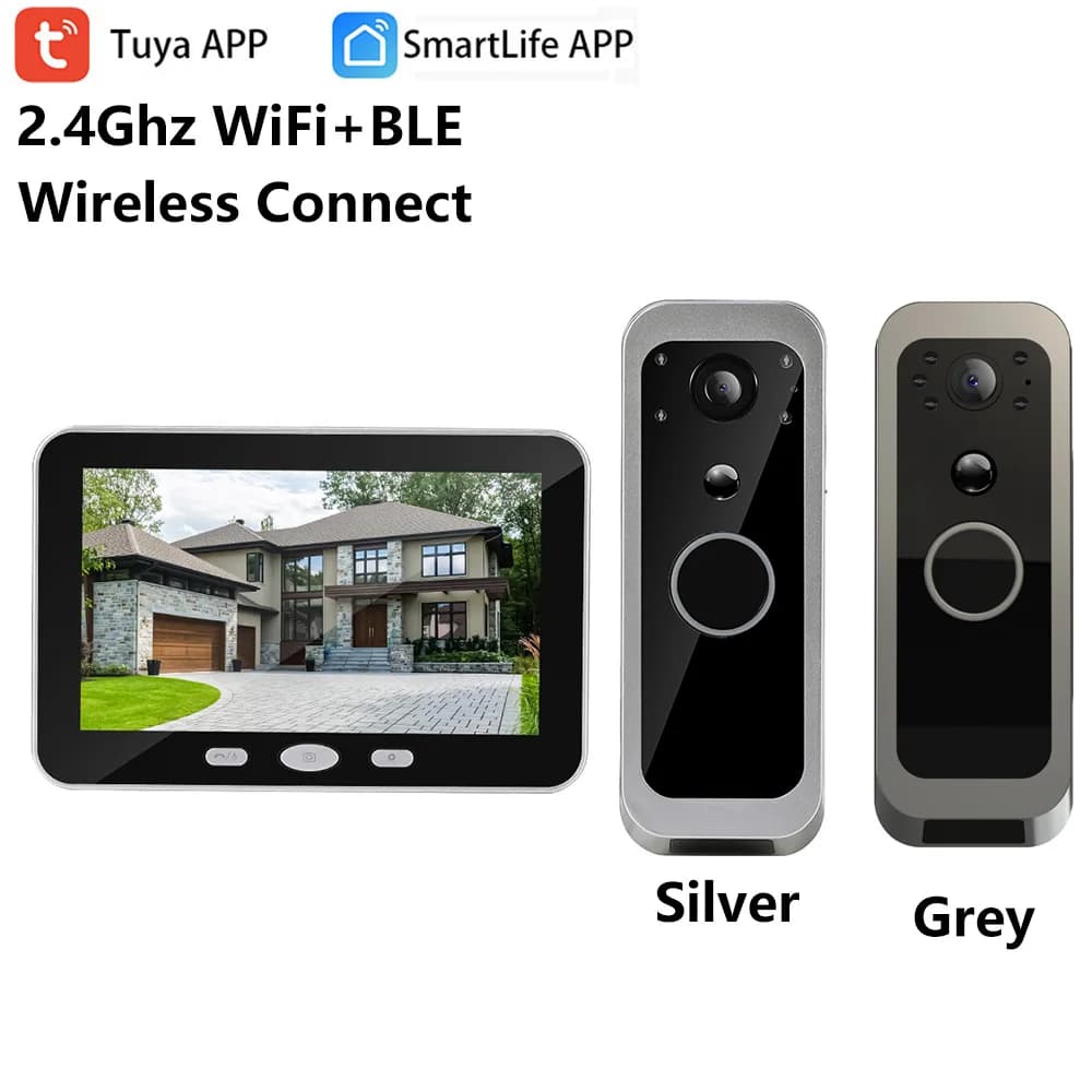Sistema Citofono Video Wireless Tuya SmartLife 3MP con Telecamera per Porta Esterna, Audio e Video, e Monitor Portatile da 5''