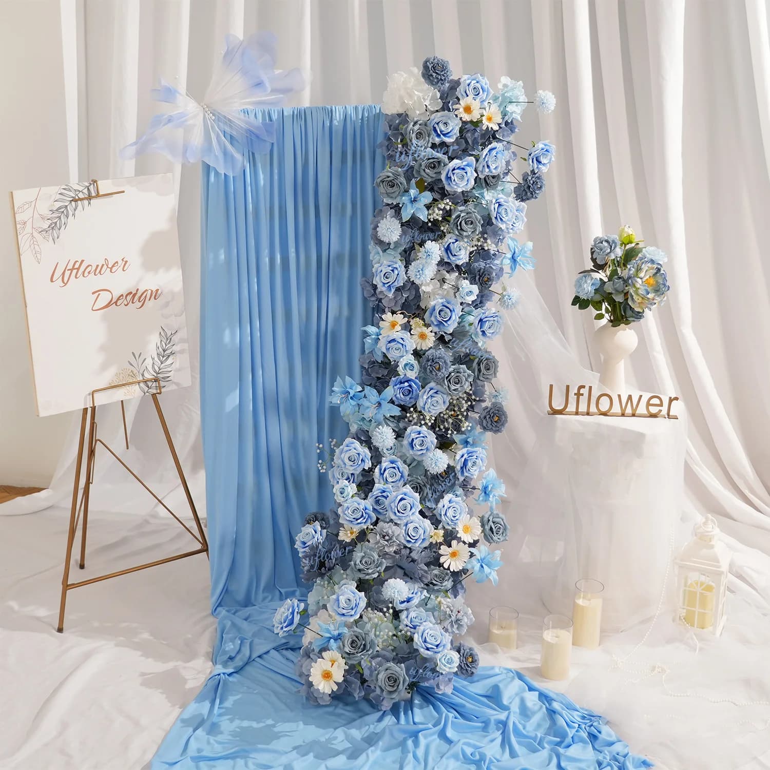 Luxury Centerpiece with Artificial Flowers Mixed Blue Fog, 2M, for Wedding Decorations, Background and Archi