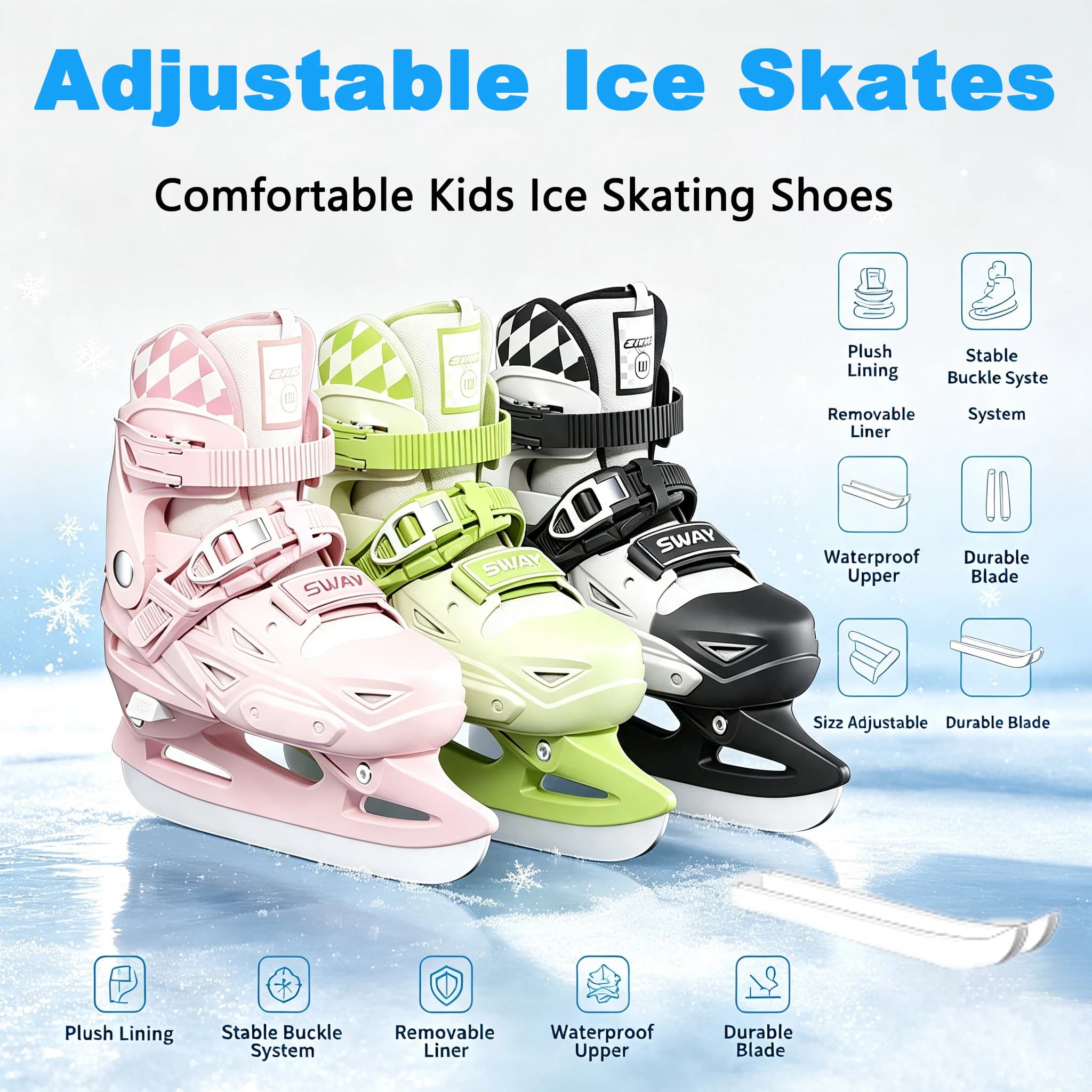 Adjustable Size Ice Skating Shoes for Kids Adult Beginner Friendly Ice Hockey Skates Thickened Lining Figure Ice Skates Shoes