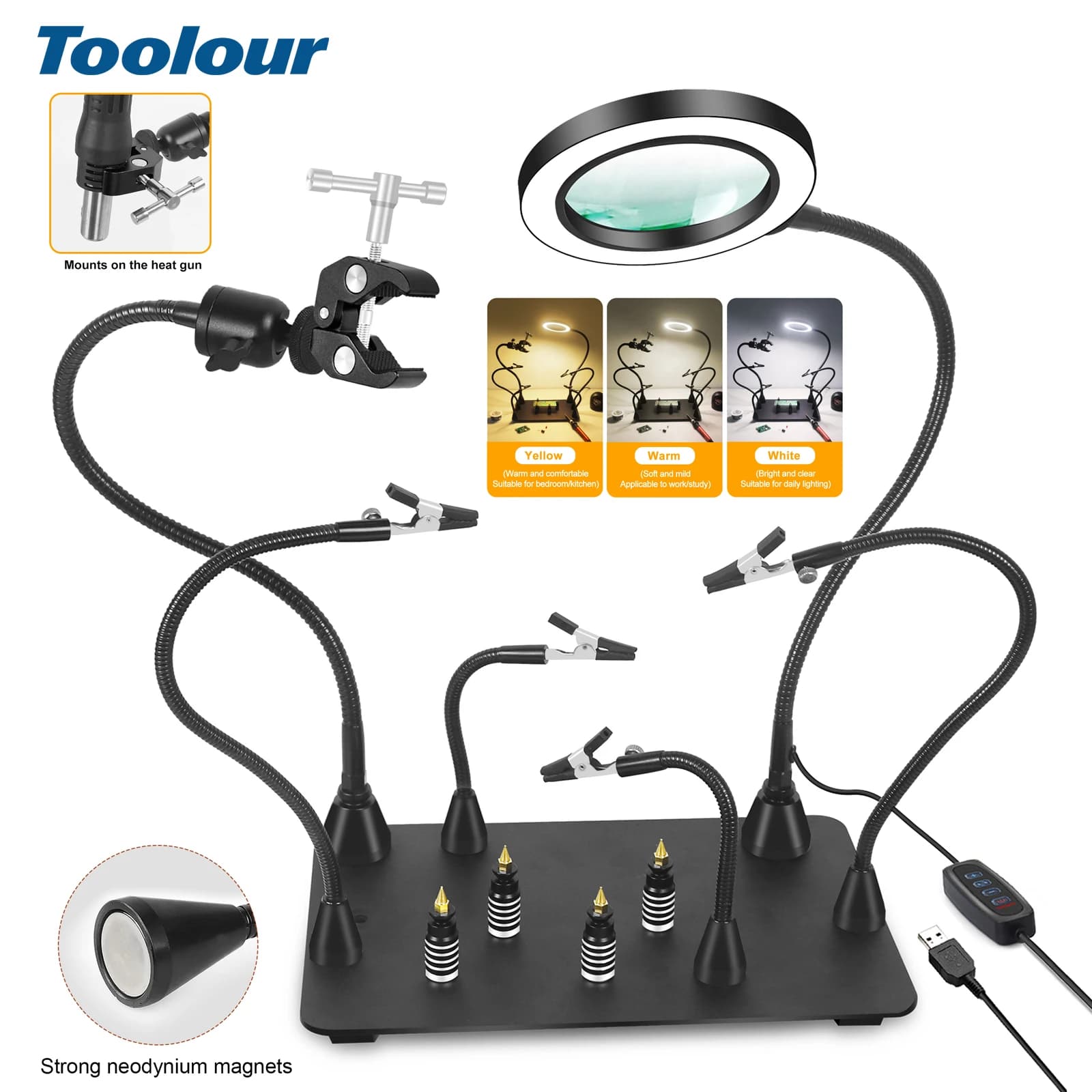 Toolour saldatura che aiuta le mani supporto per circuito stampato magnetico 360 supporto per pistola ad aria calda con lampada con lente d'ingrandimento a LED 5X