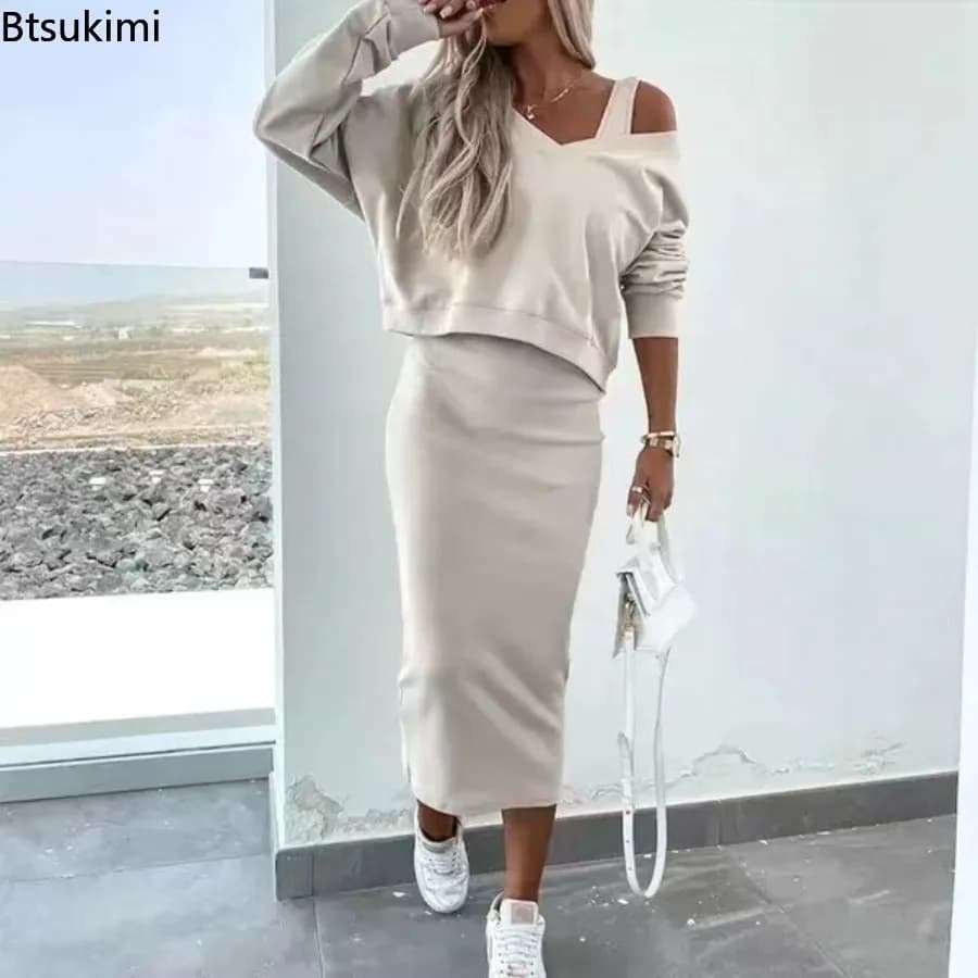 Nuovi Completi Donna con Felpa e Gonna, Set Primaverili e Autunnali con Scollo a V, Maniche Lunghe, Top e Gonne, Set 2 Pezzi, Outfit Casual da Donna