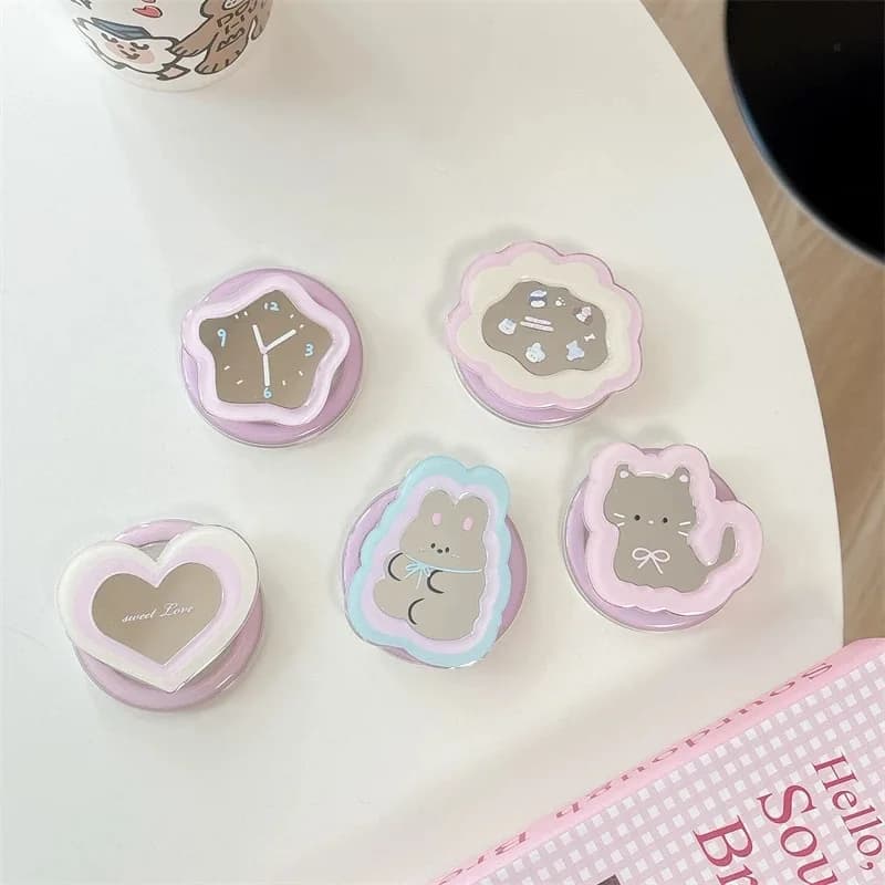 Cartoon Mirror Telescopic Phone Stand Kawaii Ins 360°Rotatable Anti-Slip Phone Finger GripTok Universal Phone Bracket
