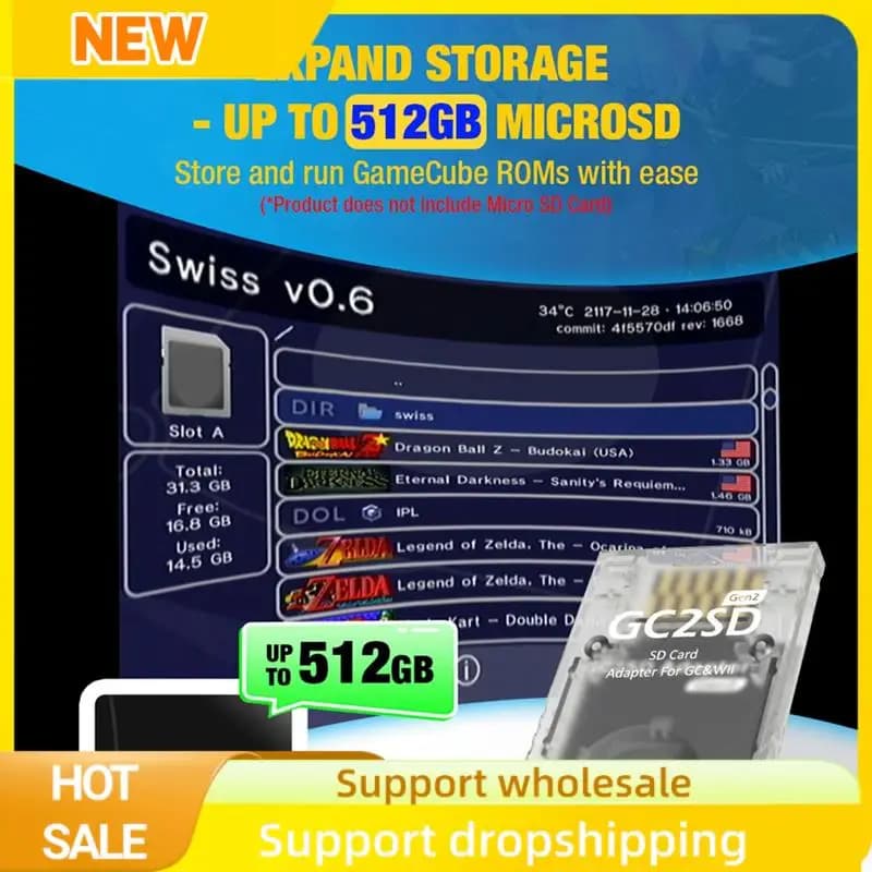 Stabile GC2SD Gen2 Adattatore per lettore di schede TF Supporto da 512 GB per Nintendo Gamecube/Wii GC2SD Adattatore per scheda TF di memoria