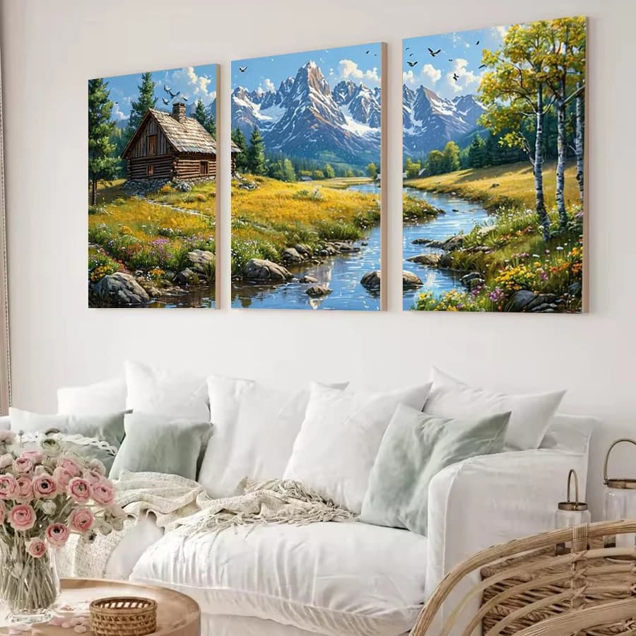 Snowy Mountain Wooden House Scenery Picture Diy Diamond Art Painting Triptych Full Drill Mosaic Embroidery Kits 3 Pieces/Set
