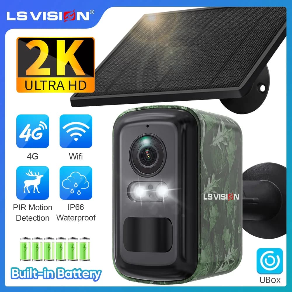 LS VISION Telecamera da Caccia 4G con SIM Solare, Esterna 2K WiFi, Rilevamento Umano PIR, Audio Bidirezionale, Impermeabile, Batteria, Telecamera di Sicurezza, App Ubox