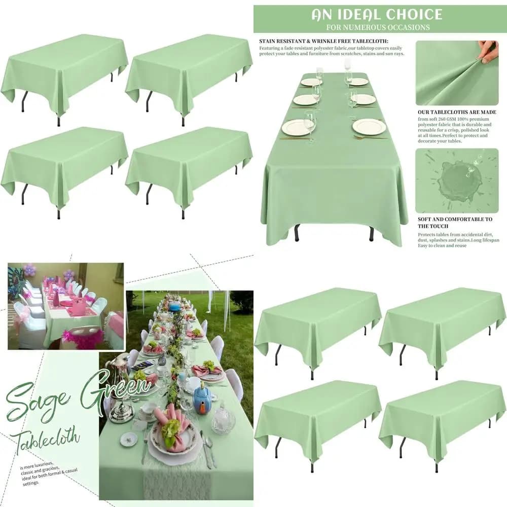 60 x 126 inch green sage rectangular tablecloth, fold-resistant and stains, ideal for 6 and 8 foot tables, suitable for weddings, B