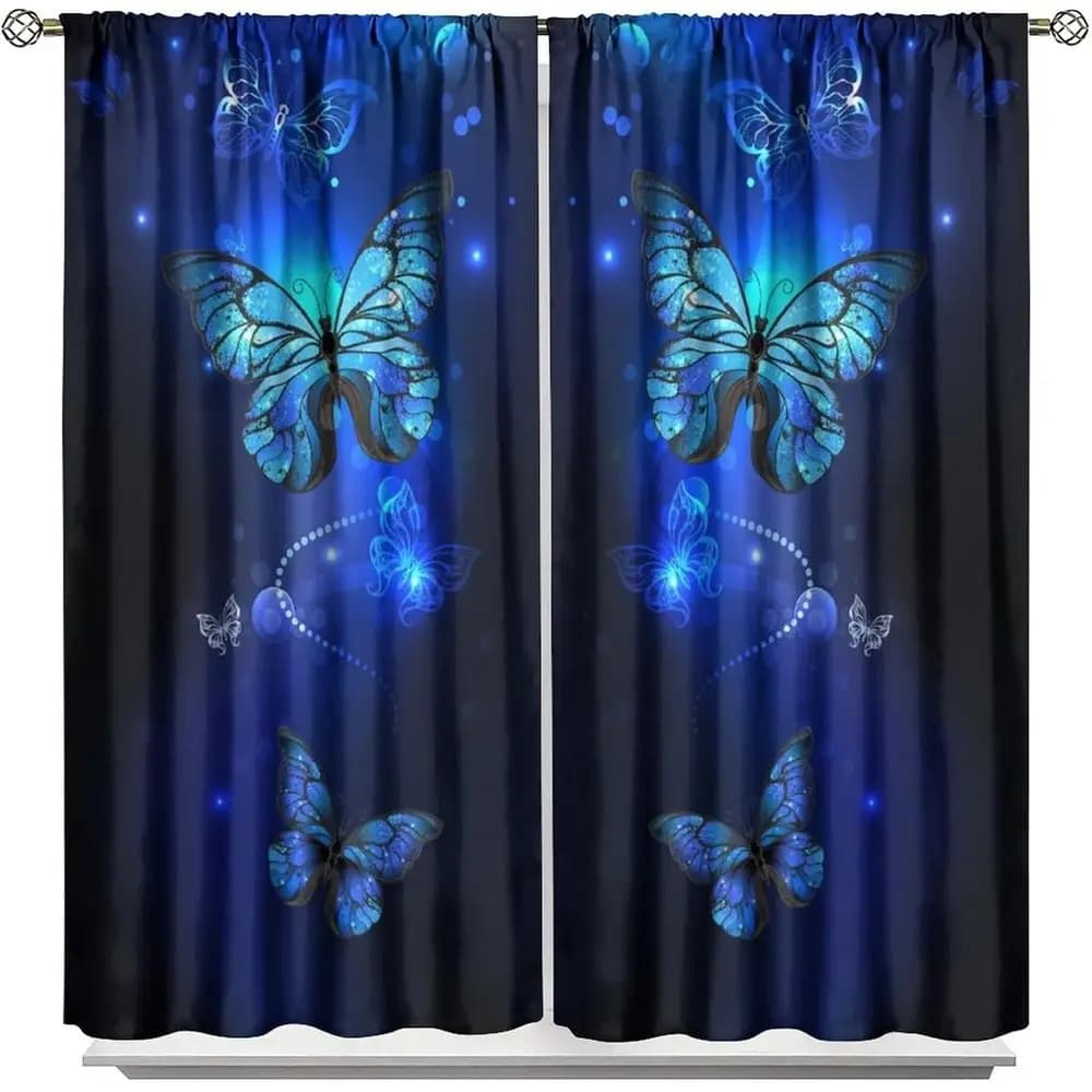 Thermally Insulated Black Curtains with Blue and Glowing Butterfly Print, 84x84 inches for Bedroom or Living Room