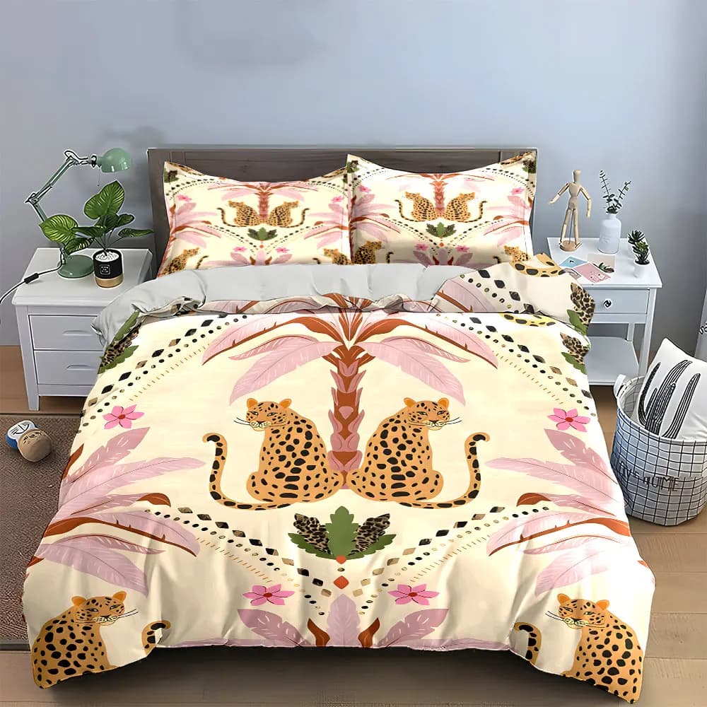 Set di biancheria da letto con motivo tropicale leopardato, set di biancheria da letto con 1 copripiumino, 2 federe, singolo, matrimoniale, king, queen, regalo