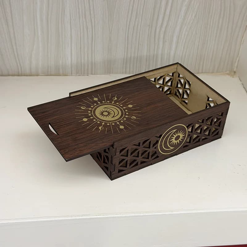 Sun and Moon Pattern Self-Assembled Wooden Storage Box, Hollow-Out Pull-Out Style Niche Jewelry Tarot Card Storage Ornament