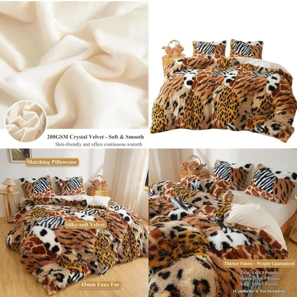 Set patchwork duvet in soft synthetic fur with queen size animal print with 2 pillowcases, cosy bed linen in farm style
