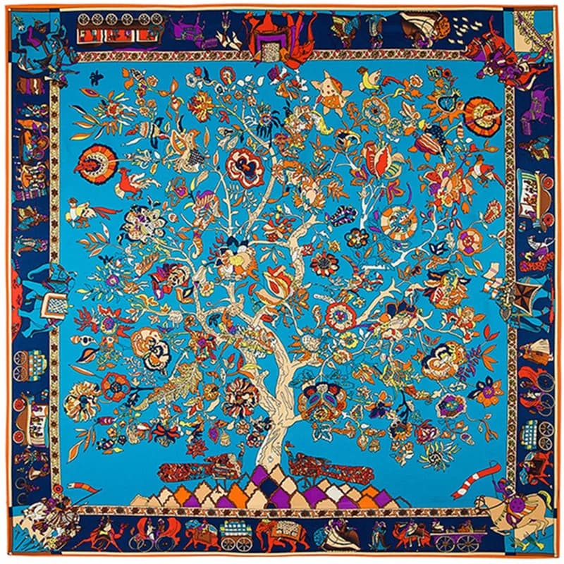 Sciarpa quadrata da 130 cm 2024 Sciarpa di seta twill di marca di lusso per le donne Fascino femminile Albero della vita Bandana Testa Sciarpe quadrate grandi Scialle