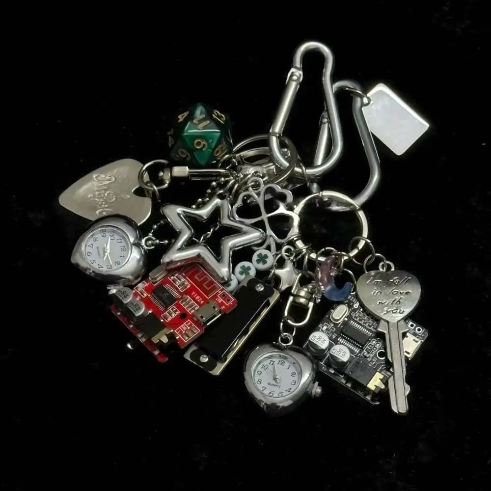 Mechanical Elements Pocket Watch Pendant Retro Design Guitar Pick Handmade Vintage Keychain Couple Style Alloy