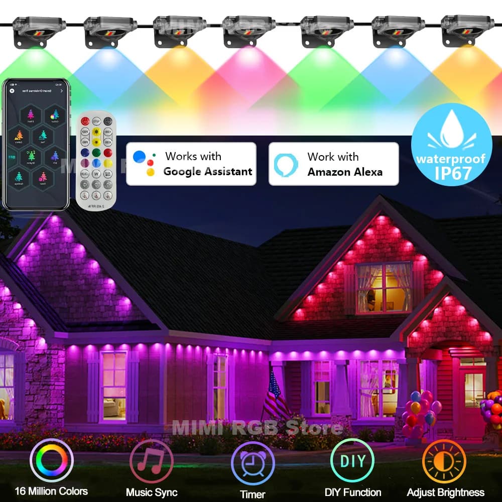 Smart RGB Eave Lights App & Remote IP67 Permanent Outdoor LED String Lights Home New Year Christmas Birthday DIY Lighting