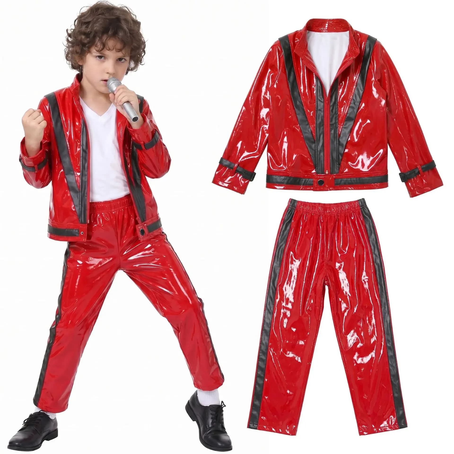 MJ Michael Jackson Thriller Costume Red Black Leather Jacket Pants Halloween Stage Cosplay Outfit