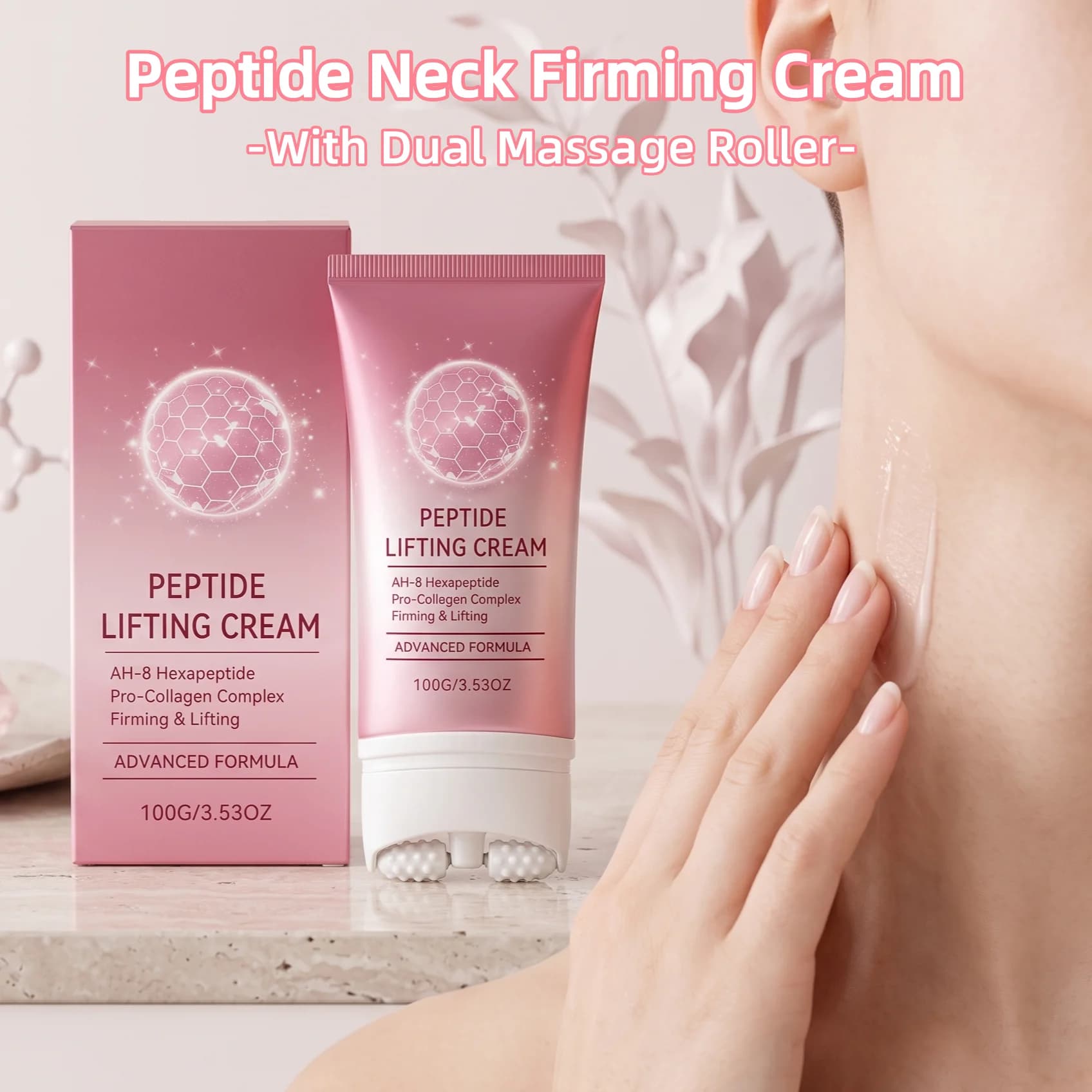 Peptide Neck Firming Cream With Roller Dual Massage Anti Wrinkle Tightening Sagging Neck Skin AH-8 Collagen Lifting Neck Cream