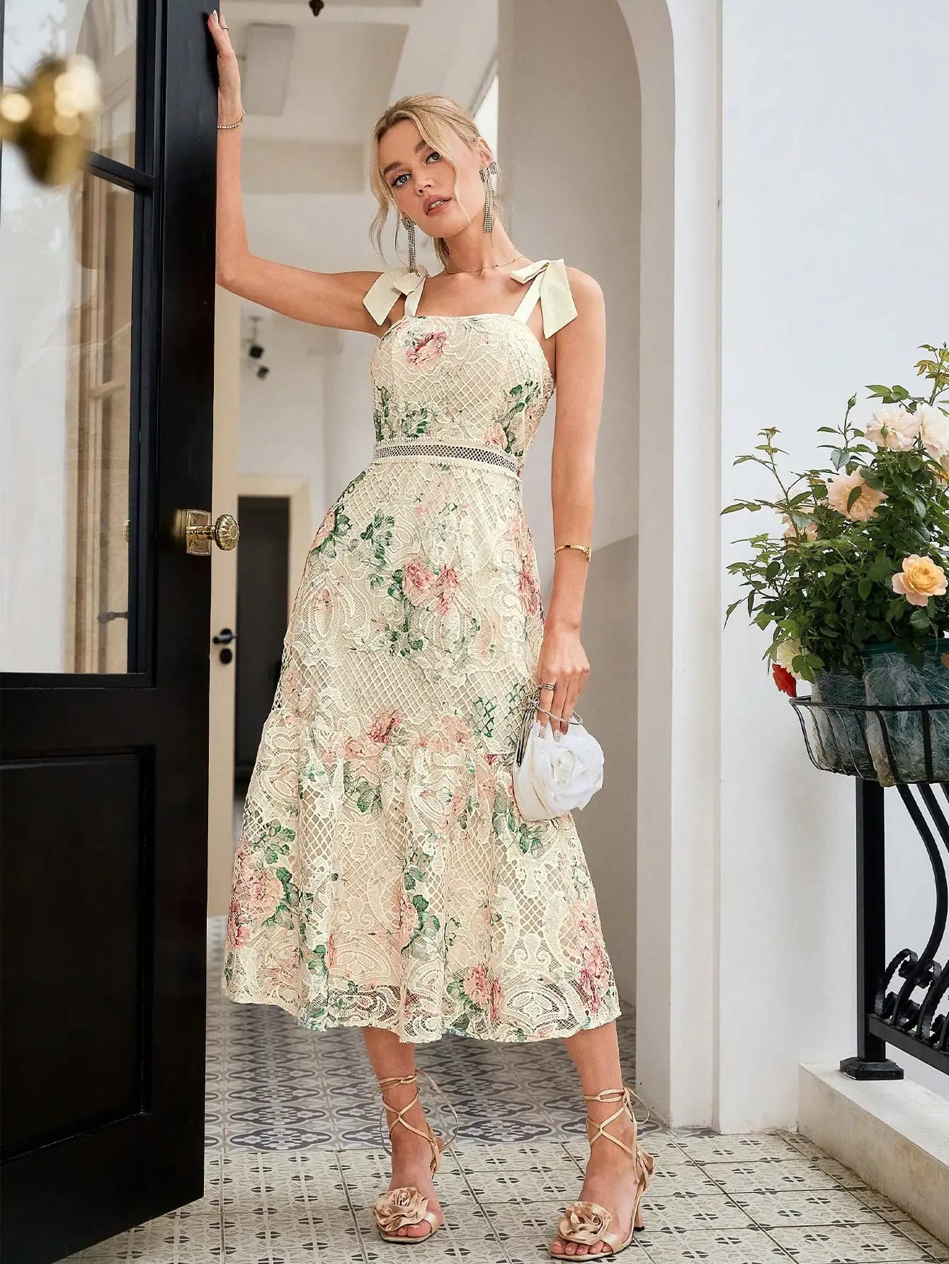 Elegant Floral Lace Midi Dress With Bow Shoulder Straps For Party Wedding Guest