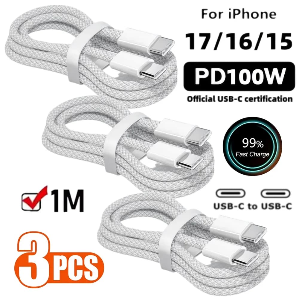 3 cavi USB C a USB C da 100W per ricarica super rapida, cavo PD a ricarica rapida per iPhone 16 15 Plus Pro Max Samsung Xiaomi Huawei