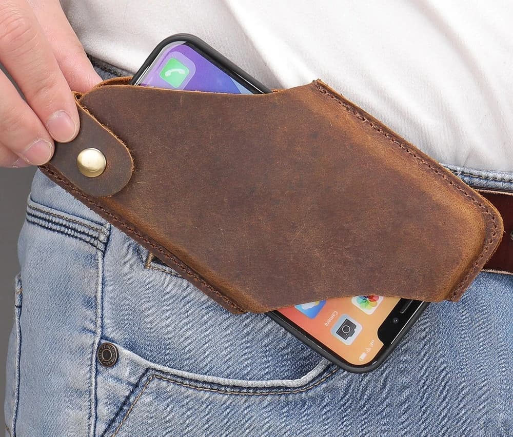 Vintage Leather Phone Carrier - Durable Hard Shell Cowhide Belt Clip Case, Retro Utility Holster for iPhone & Tools
