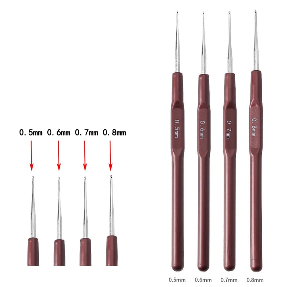 Set di mini uncinetti da 4 pezzi da 0,5 mm 0,6 mm 0,7 mm 0,8 mm, utilizzato per il kit di strumenti per l'estensione della parrucca, lucchetto per uncinetto per maglieria, fine e