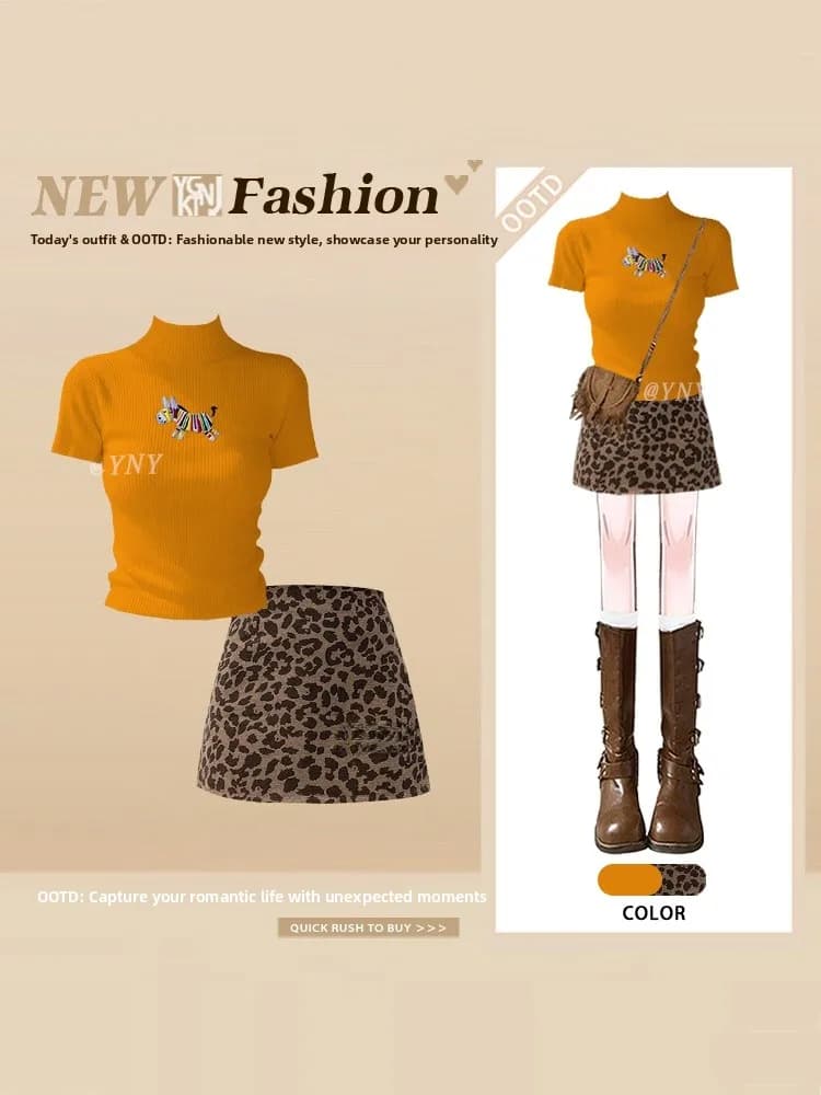 Dopamine Orange Korean Style Short Sleeve Slim Fit Top And Skirt Set Summer Leopard Print Wrap around Dress Fashionable ...