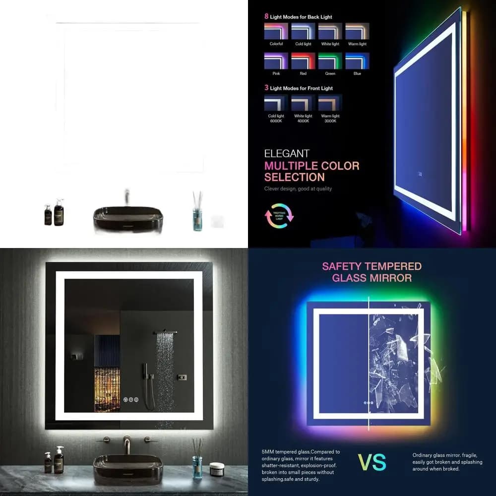 Specchio da bagno 38x38 illuminato a LED con luci RGB antiappannamento dimmerabili, illuminazione frontale, specchio cosmetico in vetro temperato impermeabile