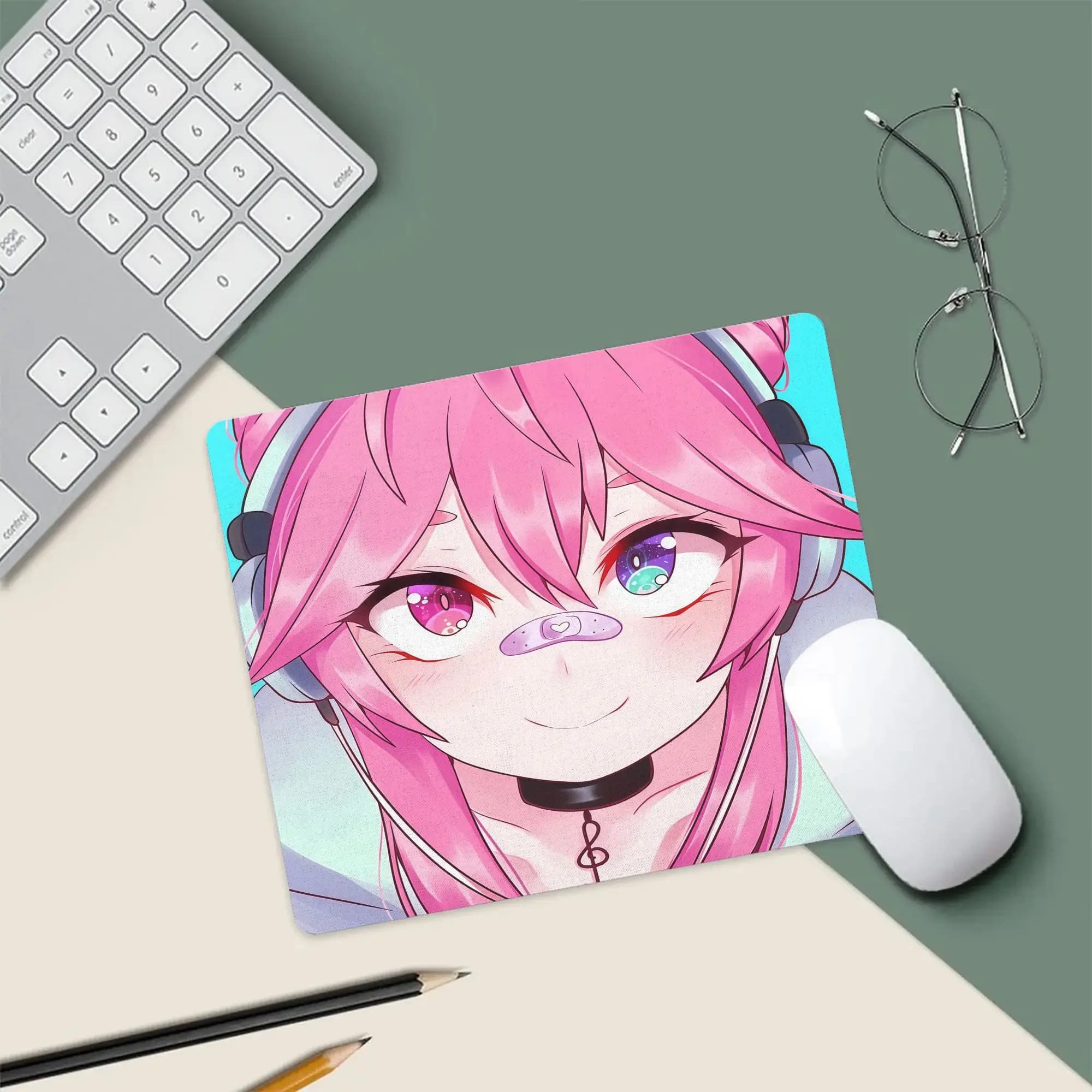 Gaming Mouse Pad, Small Desk Mat, Anti-slip, Stitched Edges, Pink Hair Headset Girl Print, Keyboard Pad for Gaming & Home Use