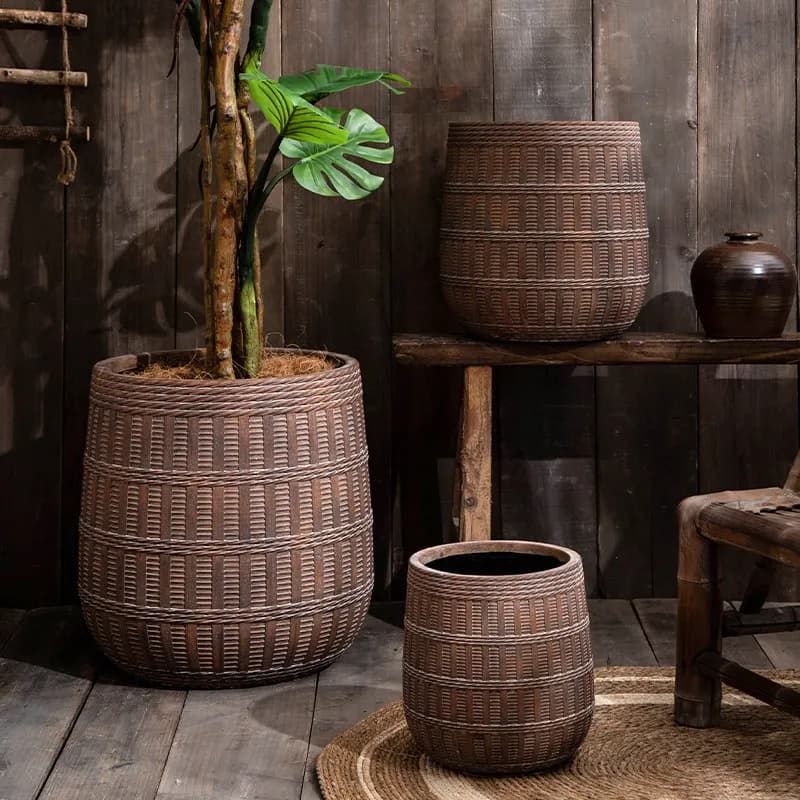 Woven Magnesium Oxide Planter, Faux Rattan Braided Design Flower Pot with Drainage,Lightweight Weatherproof MgO Plant Container