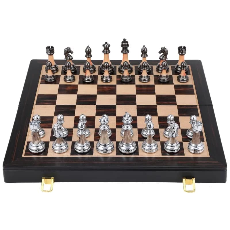 Set di Scacchi Pesati, Re Alto 3,5 Pollici, Finitura in Metallo Anodizzato Argento e Nero, Scatola in Legno con Tre Scacchiere