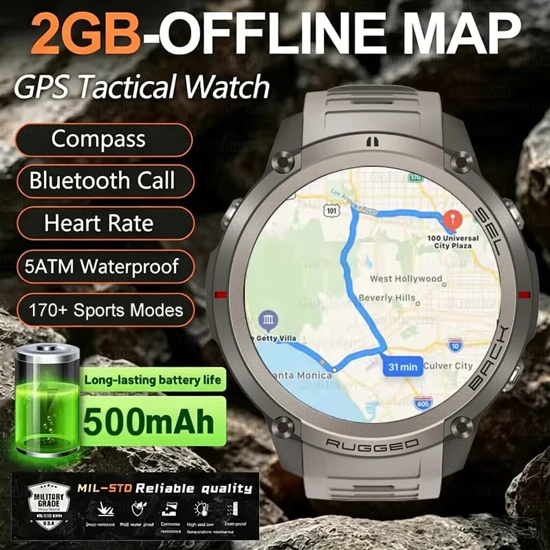 Smartwatch AMOLED con GPS a 6 satelliti, per uomo, sport all'aperto, mappa offline, altimetro, bussola, chiamate Bluetooth, impermeabile 5ATM.