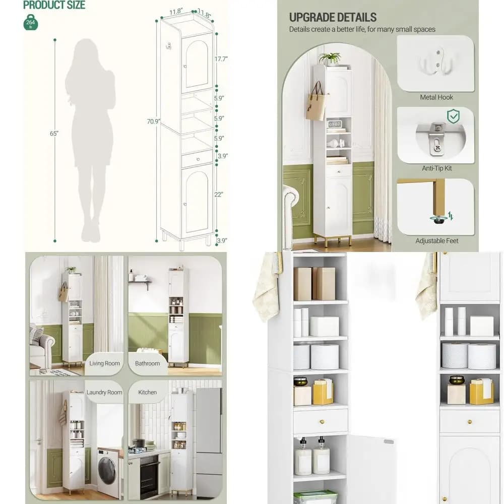 Armadietto da bagno alto indipendente con ripiano e porta regolabili - Porta carta igienica sottile in bianco BC29013G
