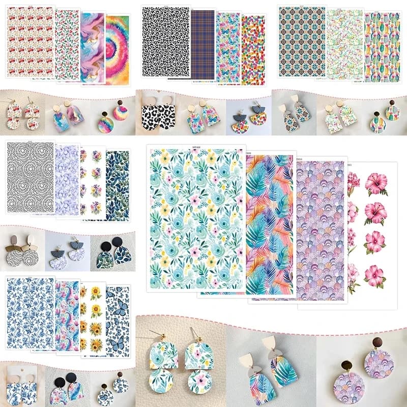 Beautiful Blossom Leaves Polymer Clay Transfer Paper Colorful Doodle Pattern Water Soluble Disposable Stickers For DIY Earring J