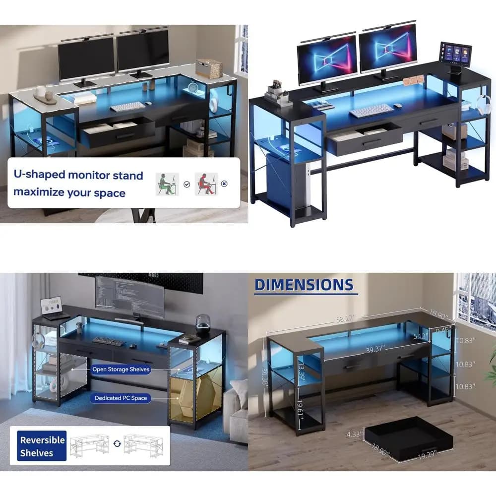 Scrivania da Gaming con 58 LED, Supporto Monitor, Ripiani, Prese di Corrente e Cassetti per PC o Ufficio Domestico in Nero
