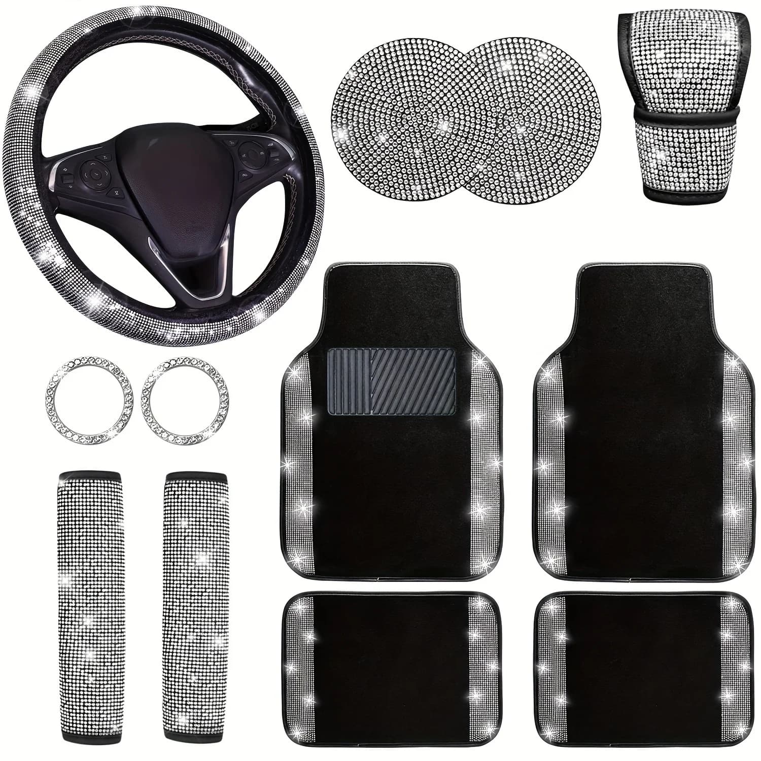 Set di 12 accessori auto scintillanti, tappetini auto universali scintillanti per la maggior parte delle auto, coprivolante scintillante universale da 15 pollici, copricinture di sicurezza, copertura leva del cambio, sottobicchieri per auto, anello per pulsante di avviamento, accessori auto scintillanti per donne