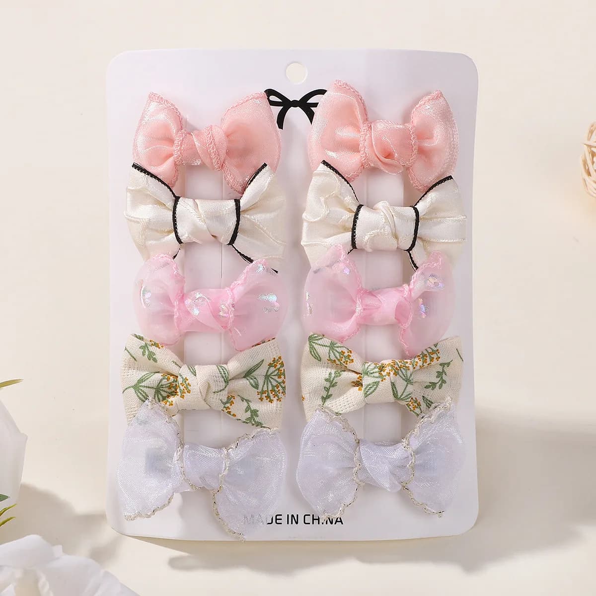10PC Set Baby Girls Cotton Floral Print Bow Hair Clips Lace Embroidered Frill Organza Barrettes Girls Headwear