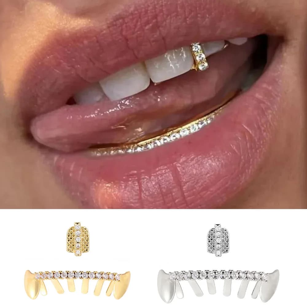 YOUNGX Hip Hop FAI DA TE Barra Verticale Zircone Cubico Denti Grillz Zanne CZ Pietra Dente Caps Per Le Donne Degli Uomini Gioielli Cosplay