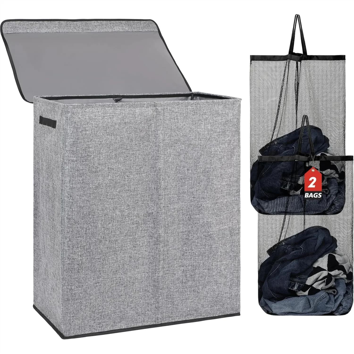 Cesto per Bucato Grande da 150L con Coperchio e Sacchi Rimovibili, Cesto Pieghevole a 2 Scomparti per Camera da Letto