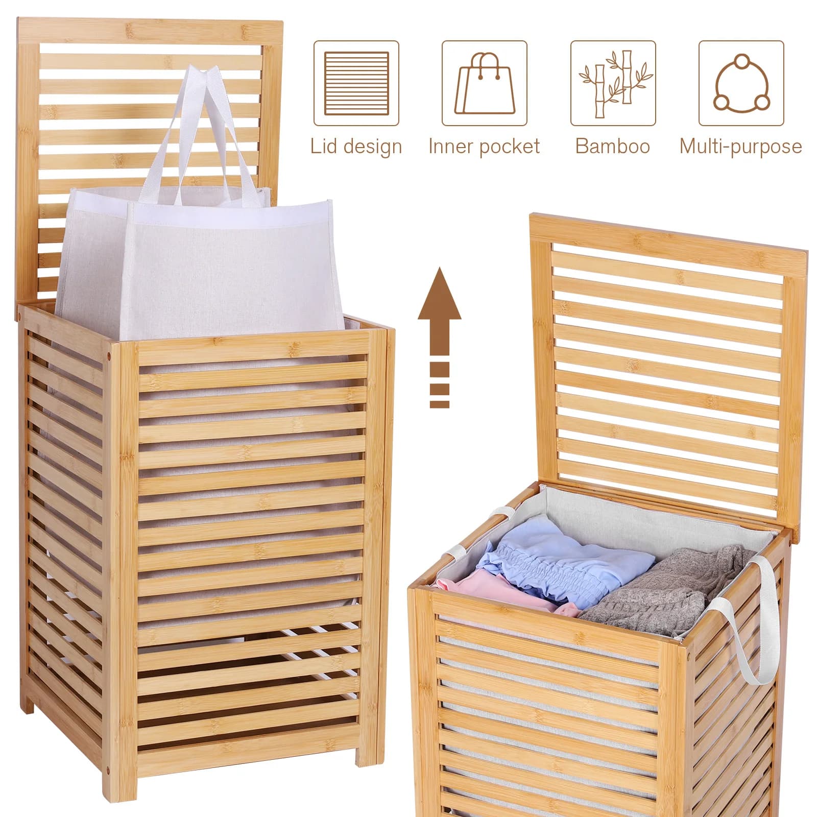 Bamboo Laundry Hamper with Removable Liner Bag Dirty Clothes Storage Basket for Laundry Room Bathroom Bedroom